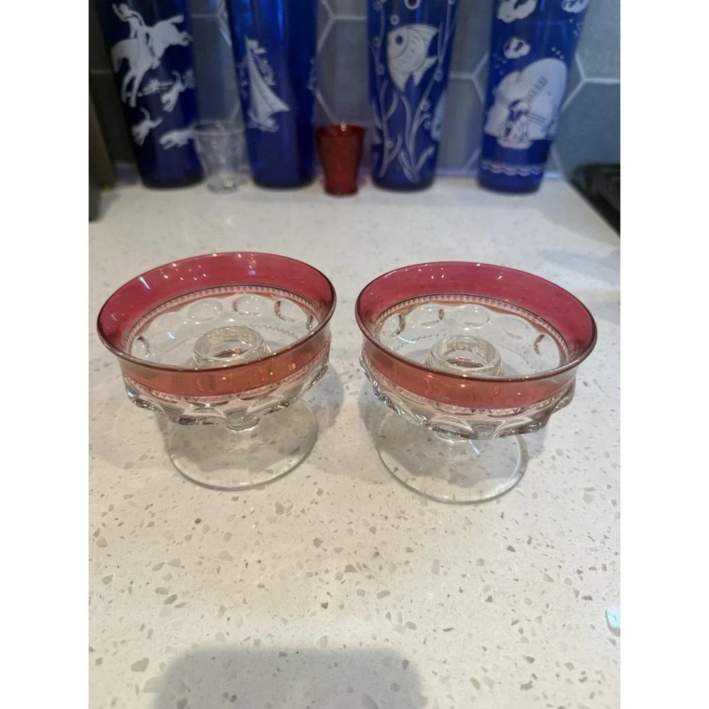 Indiana Kings Crown Ruby Flashed Clear 2 Candle Stick Holders Mid Century Glass